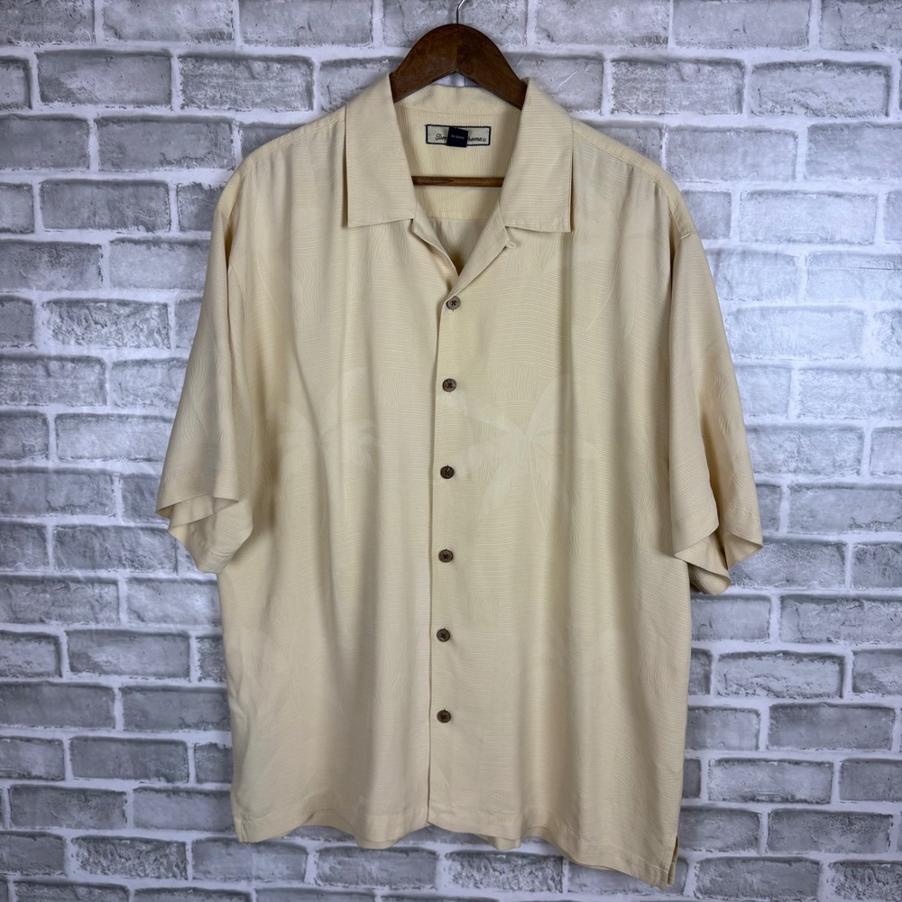 Tommy Bahama Mens XL Silk Camp Shirt Yellow Tonal Palm Jacquard Short Sleeve